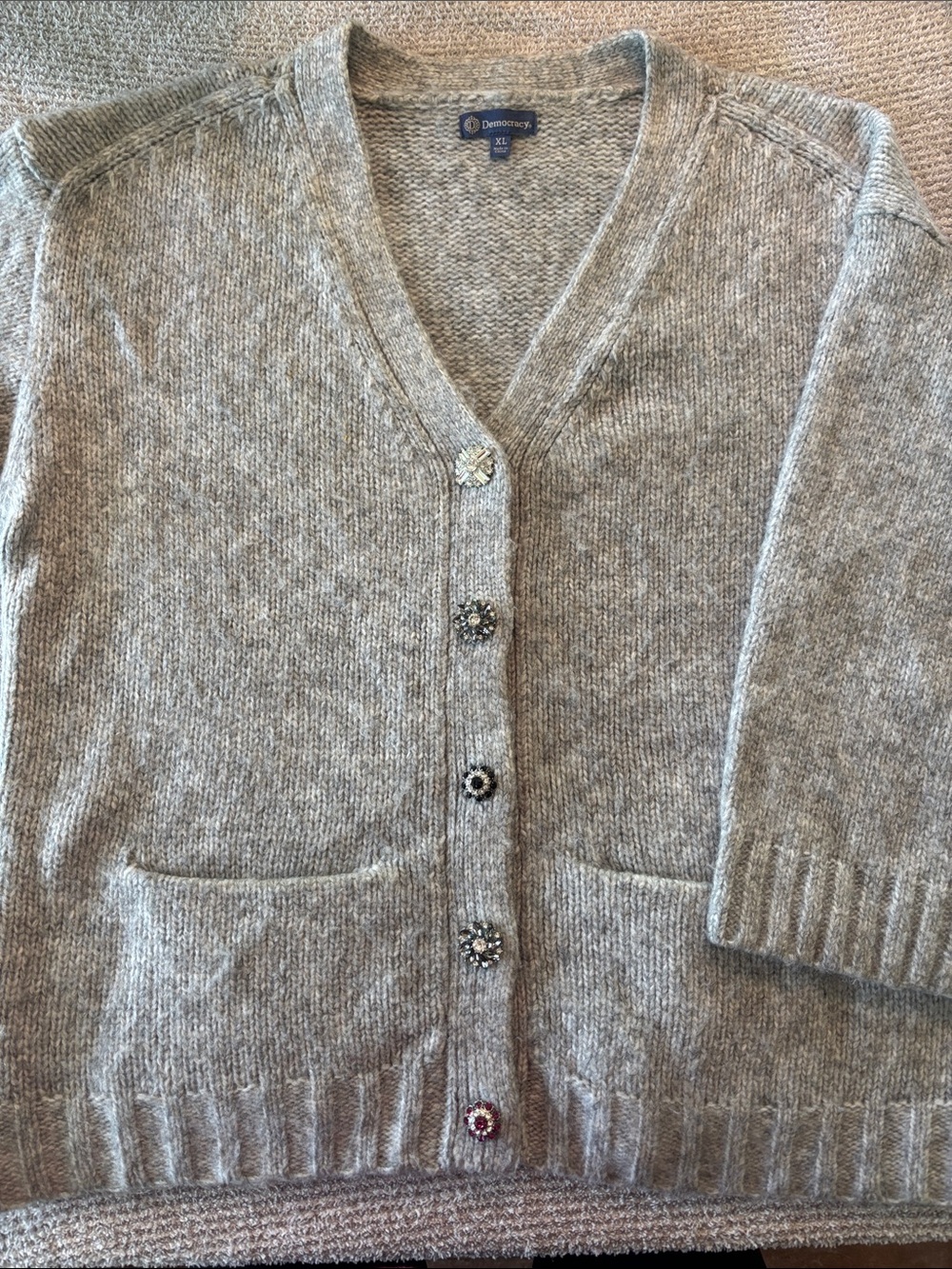 Democracy 7/8 Wide Sleeve Jeweled Button Light Gray Button-Front V-Neck Cardigan
